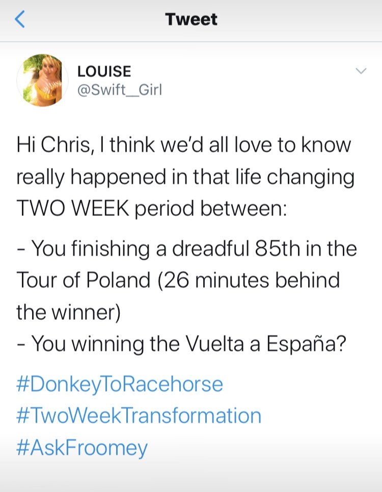 Swift__Girl's tweet photo. Hi @LondonMarathon it looks like your very popular #AskFroomey tweet has been deleted...
I have re-posted my question so you don’t forget to ask Chris all about unbelievable (literally) transformation!
#TwoWeekTransformation #JustLostTheFat #Bilharzia #ComputerisedDogs https://t.co/xO8eKSFVy7