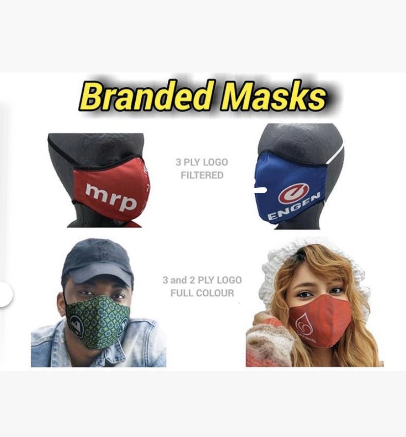 Reusable BRANDED Face Masks Price Per unit List:*Branded 1 Ply Vinyl Print:*20: R35.00 per mask 50: R30.00100 - 499: R25500 - 1999: R23.502000 - 4999: R22.005000+: R21.00WE DELIVER NATIONALLY DURING LOCK DOWN!!!WHATSAPP 0605288041 TO ORDER