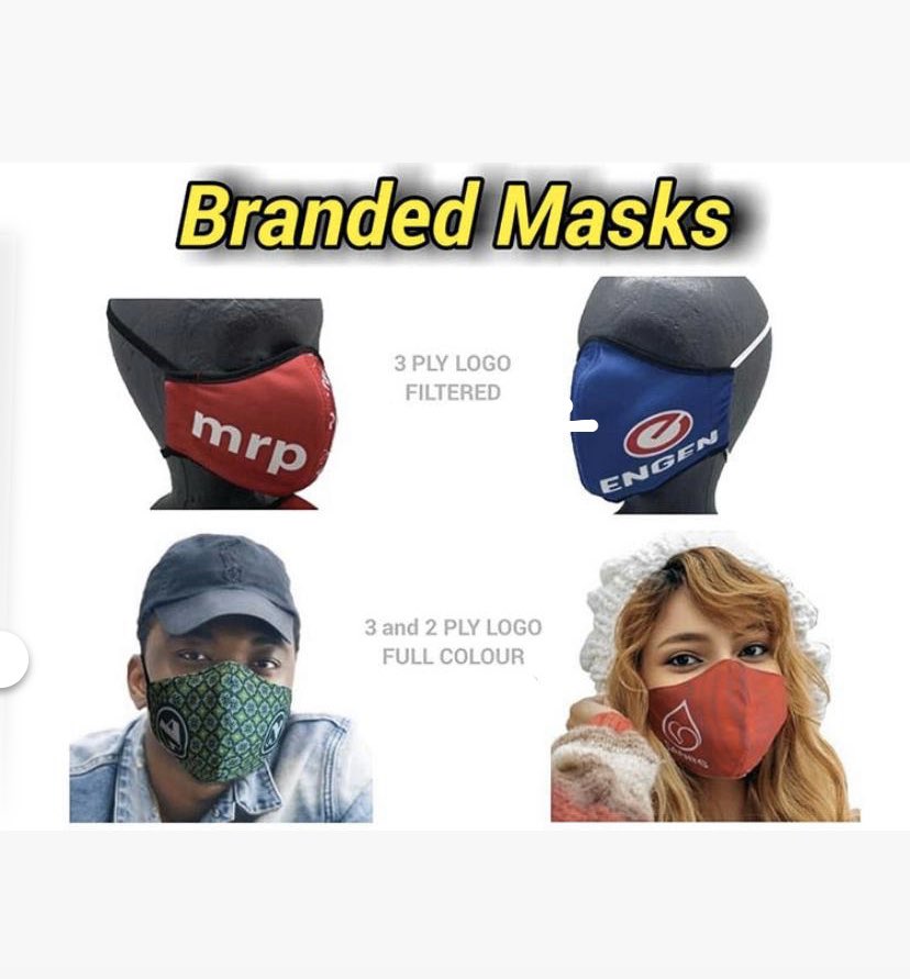 Reusable BRANDED Face Masks Price Per unit List:*Branded 2 Ply Logo Full Colour:100 - 499: R33.50500 - 1999: R30.702000 - 4999: R28.905000+: R26,70WE DELIVER NATIONALLY DURING LOCK DOWN!!!WHATSAPP 0605288041 TO ORDER