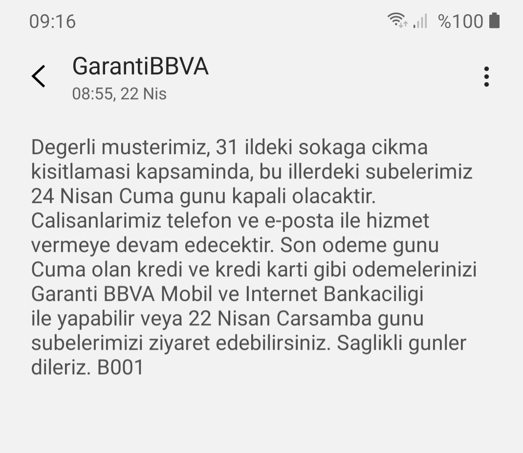 Garanti bankası gerçek yüzünü gösterdi 24 nisanda kapalıyız kredilerinizi ve kredi kartınızı 27 nisanda ödeyebilirsiniz demiyor da, 22 nisanda şubelerimize bekleriz diyor. Garanti bankası dünyada çalışılacak enson bankadır...