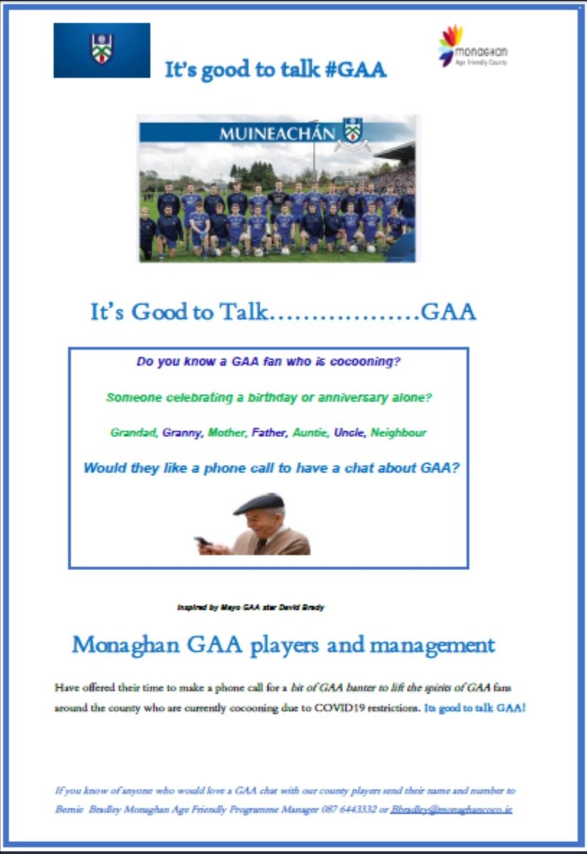 BoarnieB's tweet photo. Haven't heard my mam so lighthearted in weeks after her lovely call from@wylied8 what a great initiative from @monaghangaa @MonaghanCoCo if you know anyone who would love a GAA chat get in touch @AineKerr @FrankmcnallyIT @AudreyCarville @olivercallan #itsgoodtotalkgaa https://t.co/9Prfgpu1xK