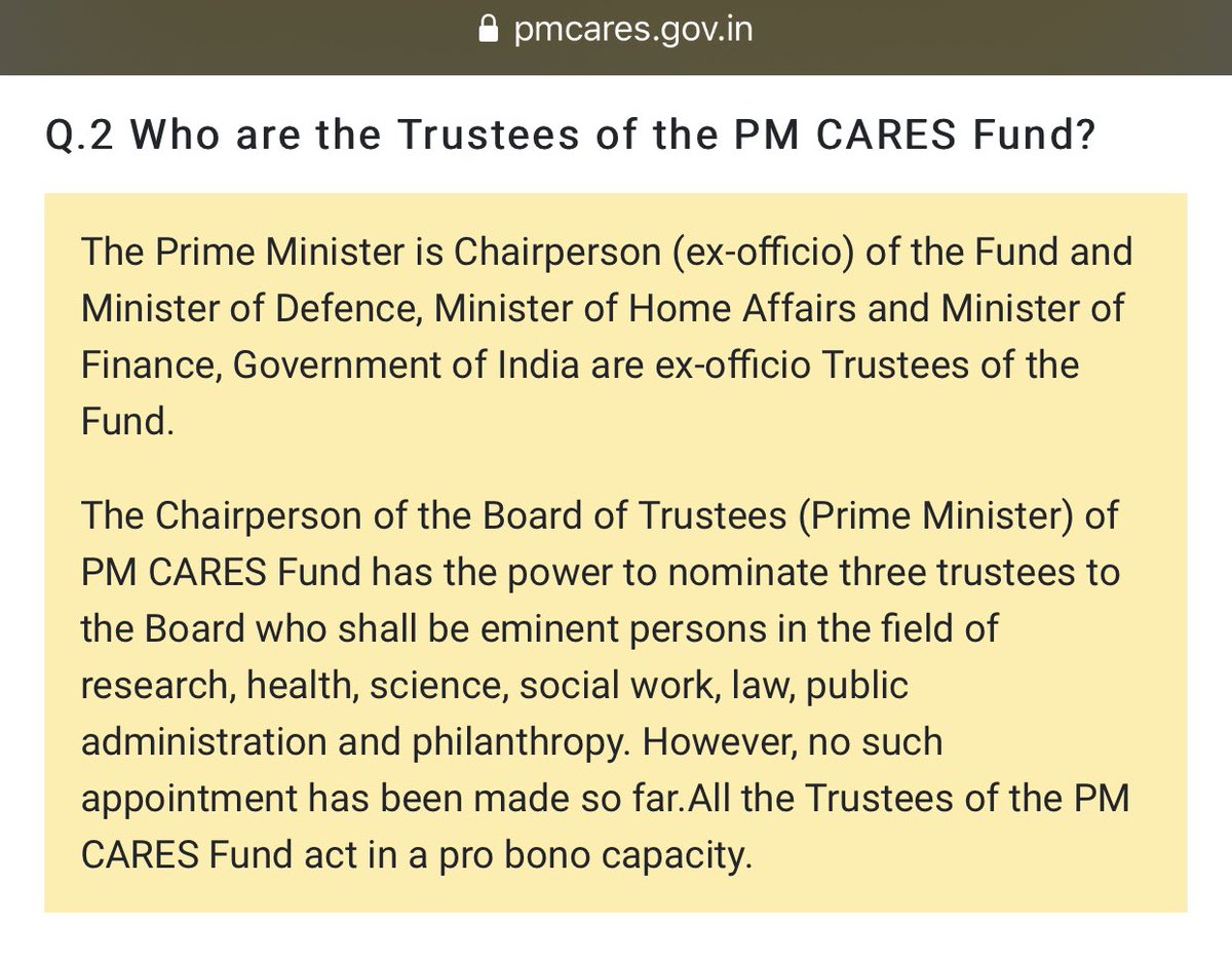 2. Why  #PMCARES doesn't come under the purview of CAG?-  #PMCARES just like  #PMNRF is trust independent of CFI. It doesn't receive any grant from GOI/budgetary allocation but voluntary donations from individuals and others.All the rant is over exclusion of INC Prez(3/n)