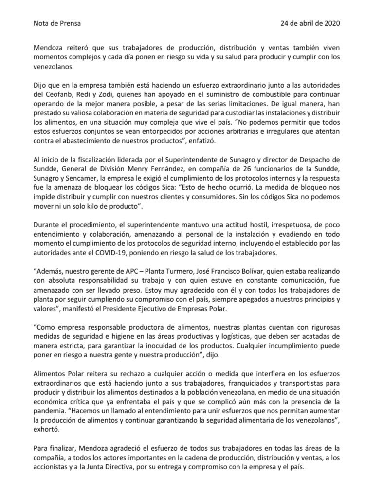 osmarycnn's tweet photo. El Pdte. Ejecutivo de Empresas Polar, Lorenzo Mendoza, rechazó la medida de venta supervisada que pesará sobre la compañía anunciada por @drodriven2. Advierte que esta medida afecta gravemente el esfuerzo para garantizar el abastecimiento de alimentos en un momento tan crítico. https://t.co/ALlCog0R8U