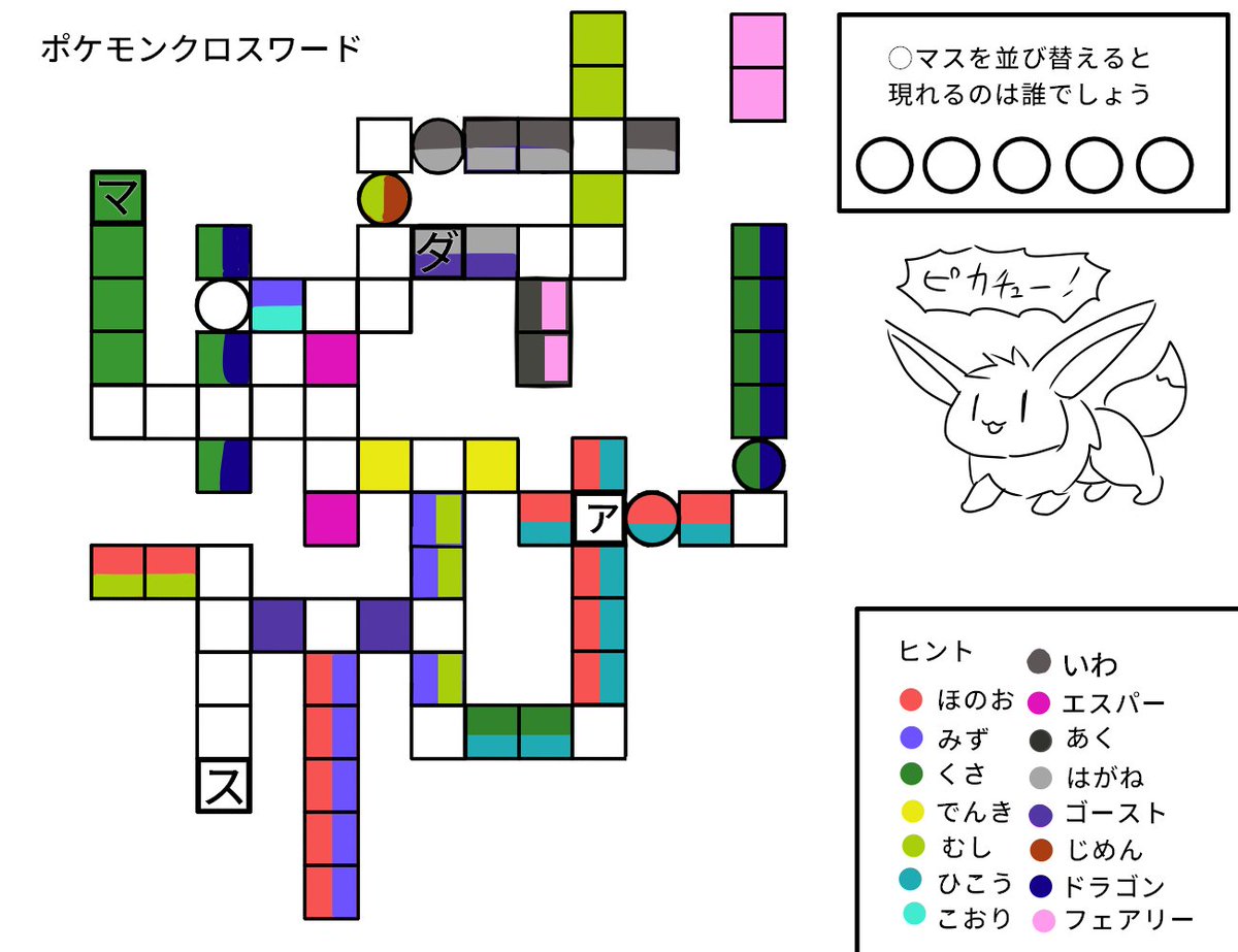 うるかめ クロスワードを思いついたので作りました マスの数と色をヒントにポケモンの名前を入れていこう 丸いマスに入る文字を並び替えると現れるのは誰でしょう 答えはリプ欄にて T Co Tib9xvz0a7 Twitter