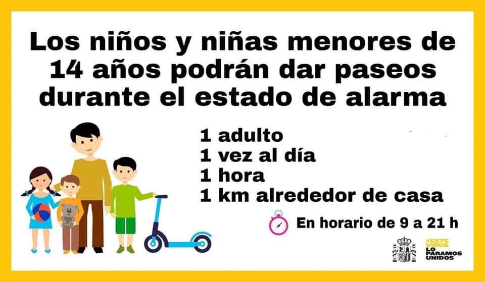 📢 A partir de mañana 26 de abril, los menores de 14 años podrán salir a la calle. 
⏱1 hora de 9 a 21h
✅ Acompañados por un adulto
🛴 Pueden pasear, Correr, saltar y llevar sus juguetes 
#HuércalOvera #SeamosResponsables #Coronavirus
