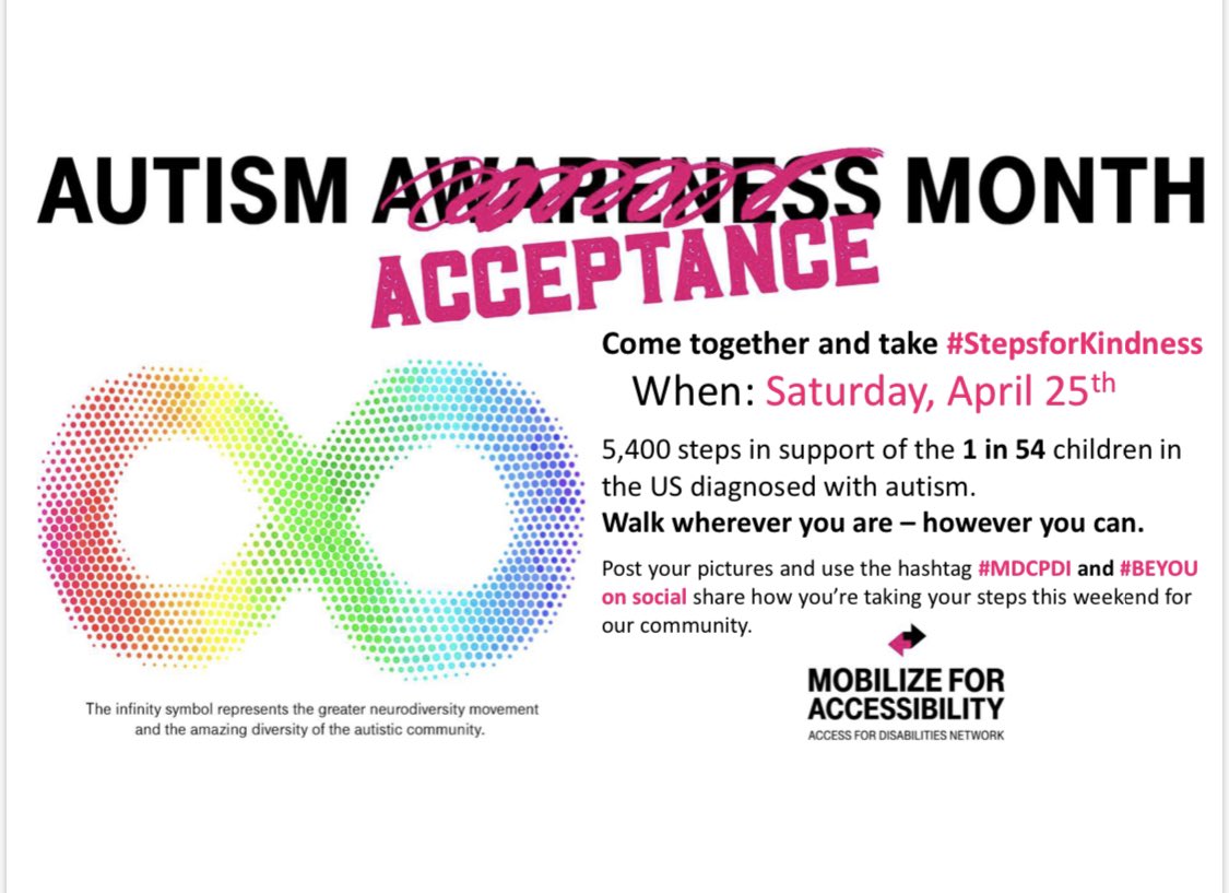 tiffthetechie's tweet image. Today at 1 p.m. EDT Join #MDCPDI as we walk 5,400 steps. Can’t hit 5,400? No worries - Do want you can ✨every step counts! #StepsForKindness #AutismAcceptance #BEYOU #NERULES #TeamMagenta 👣👣