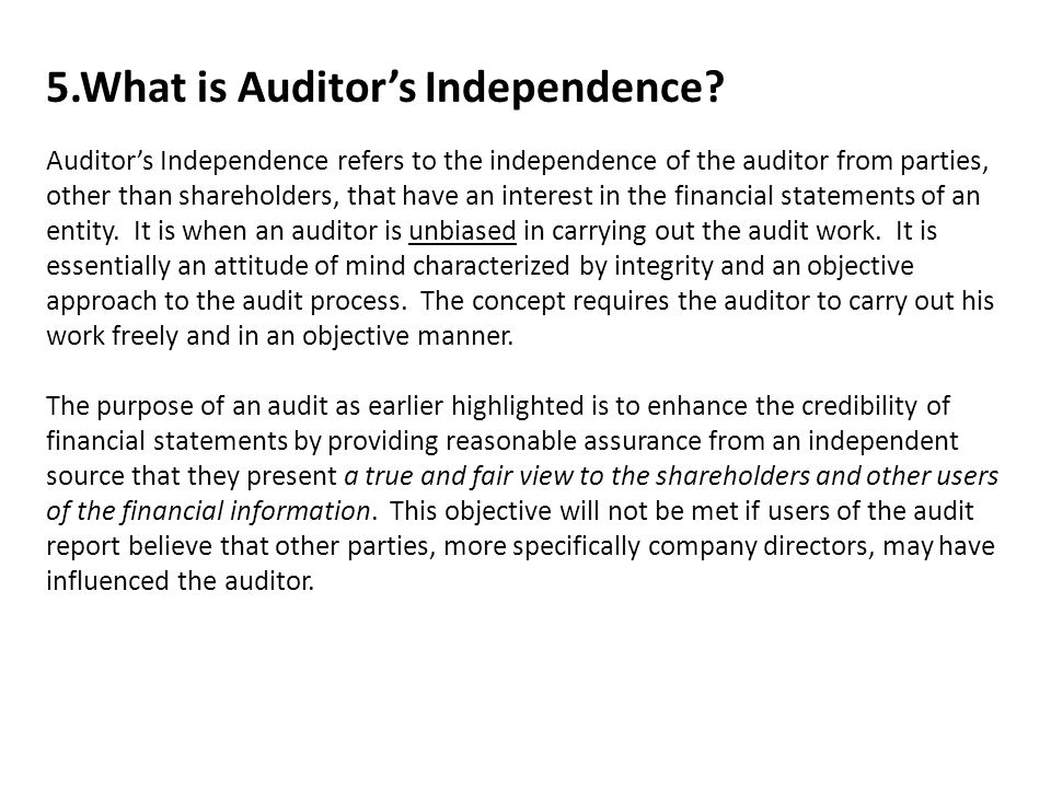 Who is an Independent Auditors?- Independent Auditors ans Independence Auditor have been discussed/defined in detail by various Acts and organizations like ICAI,ICWA,etc.Few links for reading http://ebook.mca.gov.in/Actpagedisplay.aspx?PAGENAME=17527 http://ebook.mca.gov.in/Actpagedisplay.aspx?PAGENAME=17525(5/n)