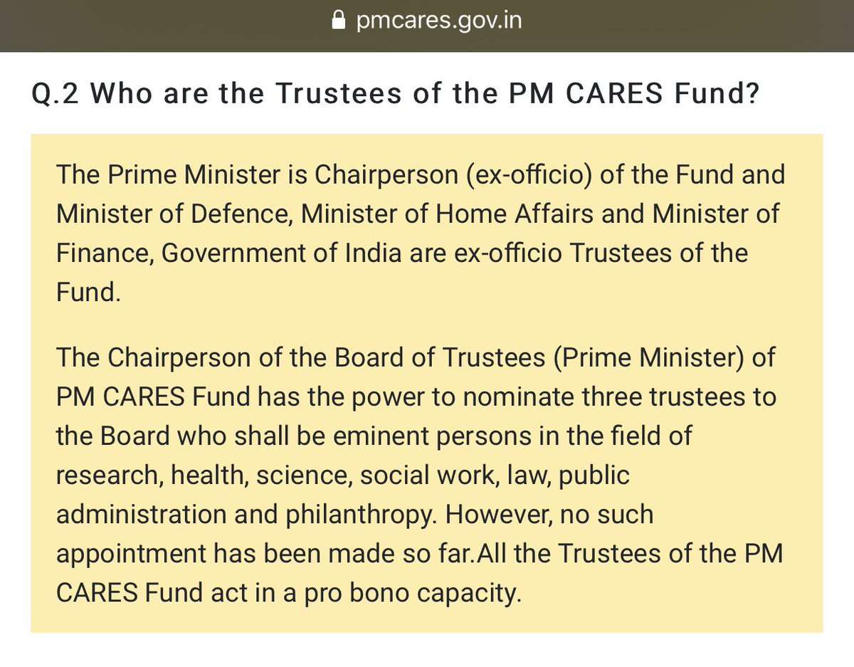 ३. मग  #PMCARES ह्यातलं नक्की काय आहे?- मुळात  #PMCARES असो वा १९४८पासून चालत आलेला पंतप्रधान राष्ट्रीय सहाय्यता निधी ( #PMNRF) ह्या फंड्स / कोषाची रचना एक विश्वस्त संस्था(ट्रस्ट) म्हणून झाली आहे.-  #PMCARES चे विश्वस्त म्हणून पंतप्रधान,रक्षा,गृह,(४\\n)