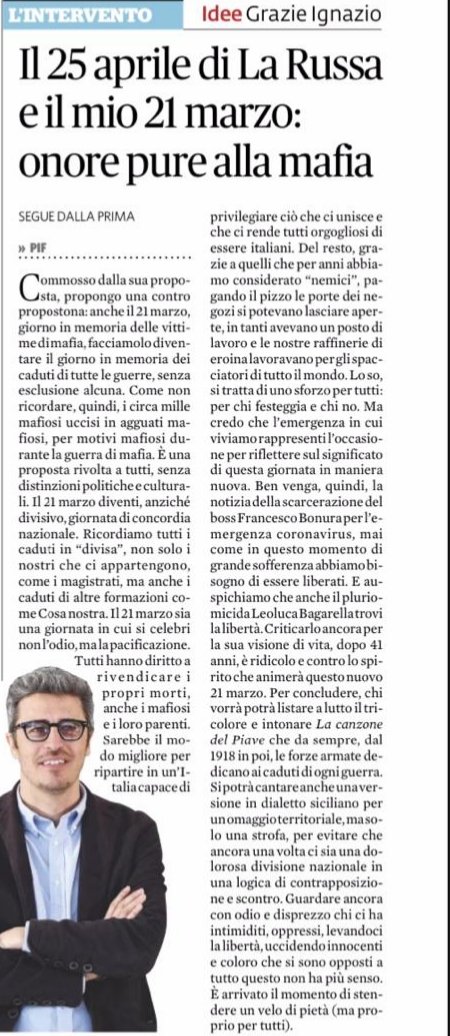 pif_iltestimone's tweet photo. GRAZIE IGNAZIO
Il vicepresidente del Senato Ignazio Benito Maria La Russa, vuole estendere il 25 aprile al ricordo dei caduti di tutte le guerre, senza differenza alcuna, compresi i morti per il coronavirus. Che diventi un giorno di concordia nazionale.
Qui la mia controproposta: https://t.co/JqaW7tnu7m