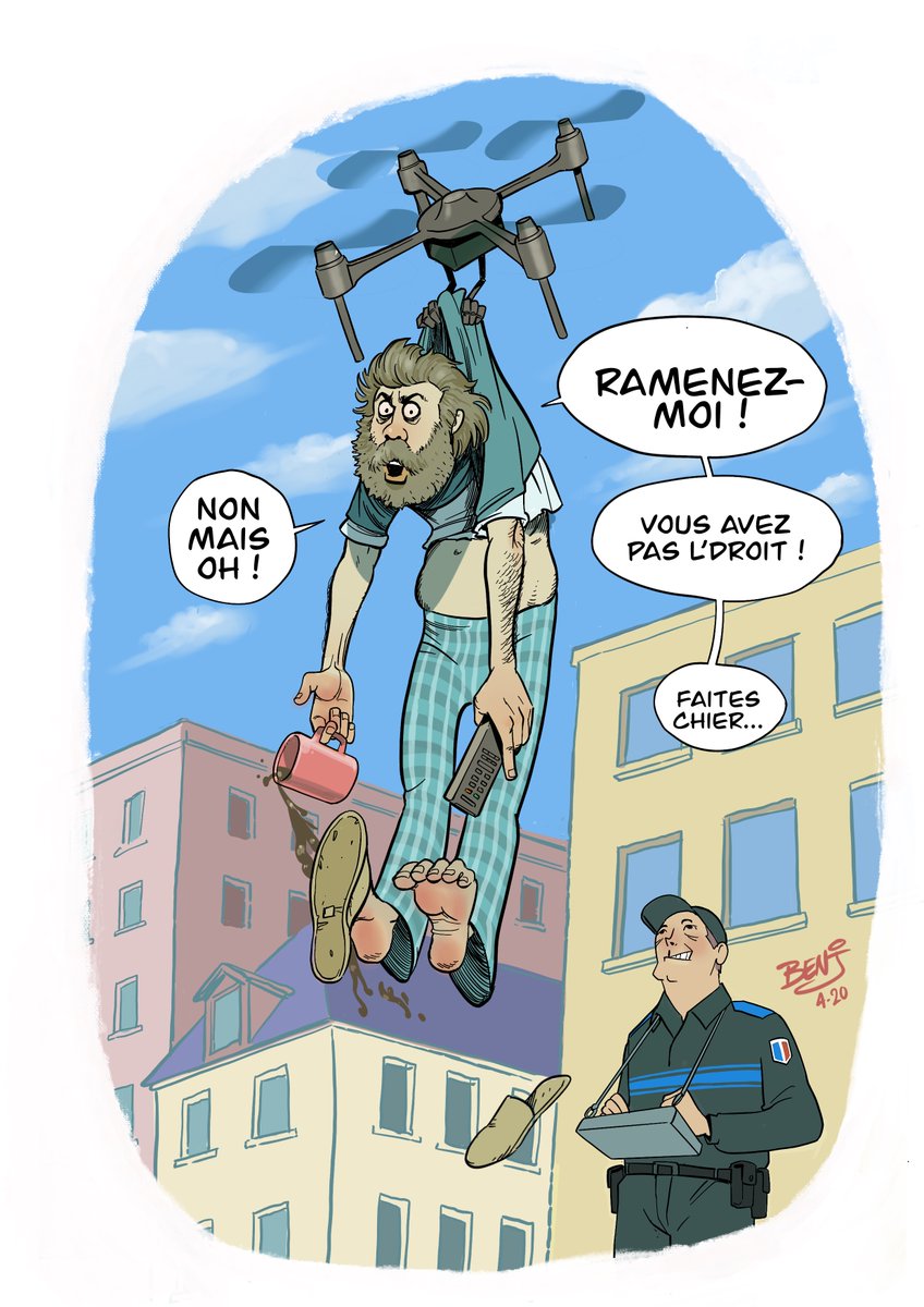 Benjiyoda's tweet photo. Des drones pour les contrevenants au déconfinement. #confinement #Deconfinement11Mai #BD #humour https://t.co/ly83otA14Z