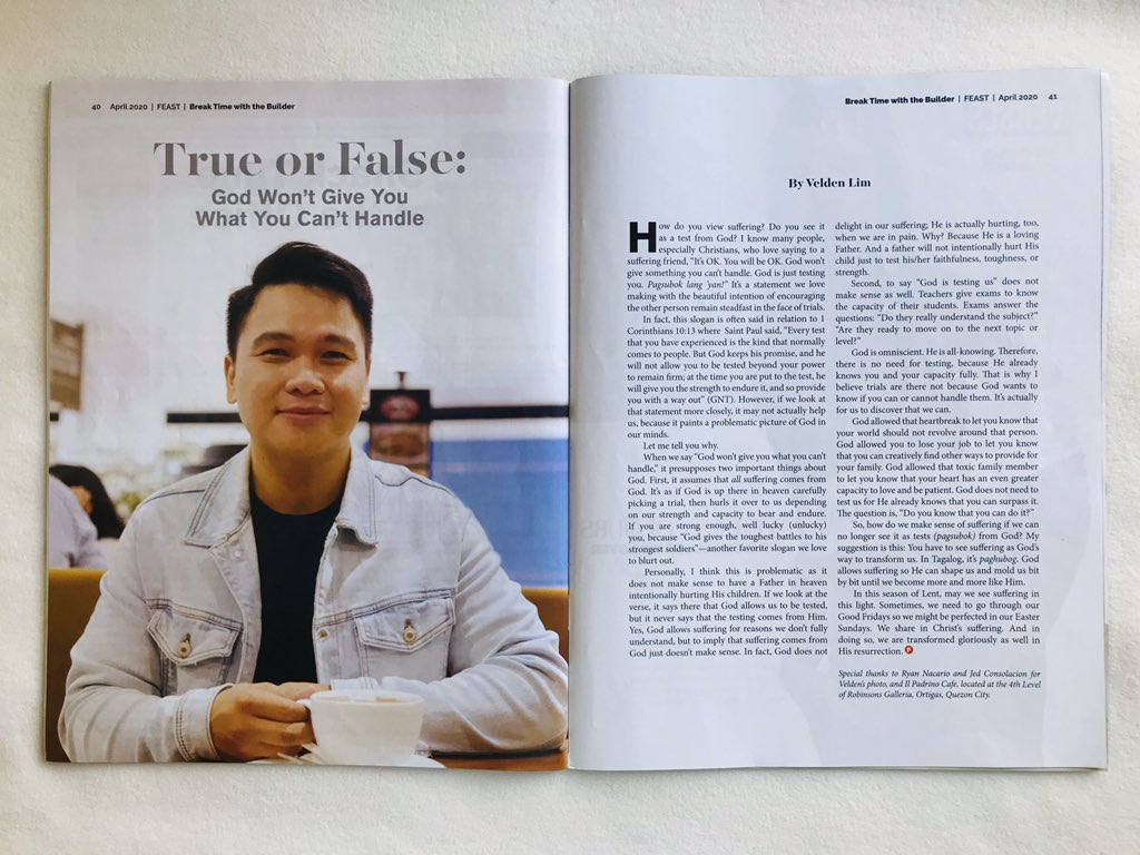 FeastBooksPH's tweet photo. Break time with the builder

God allows suffering so He can shape us and mold us bit by bit until we become more and more like Him.

Grab an e-mag copy of Feast Magazine April 2020 issue here: https://t.co/ndaX6aZeDW

#FeastMagazine https://t.co/AGcUDcIhW9