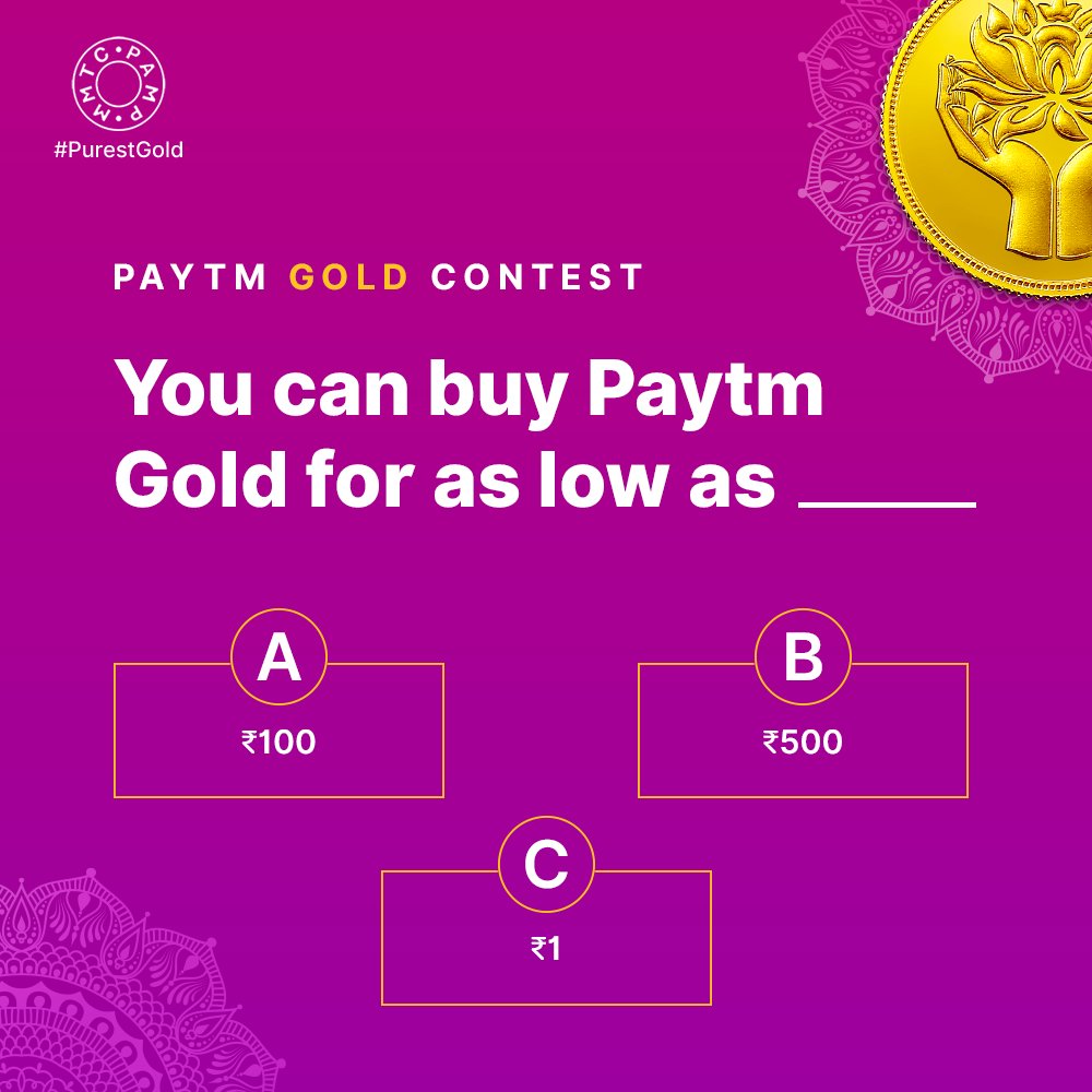 Paytm's tweet photo. And we're halfway there – here's Question 3 of the #PaytmGold Contest.

Answer → Retweet each question to win FREE Paytm Gold vouchers on Akshaya Tritya! ✨

Contest open till midnight. 🕛 https://t.co/MKmbppFU9V