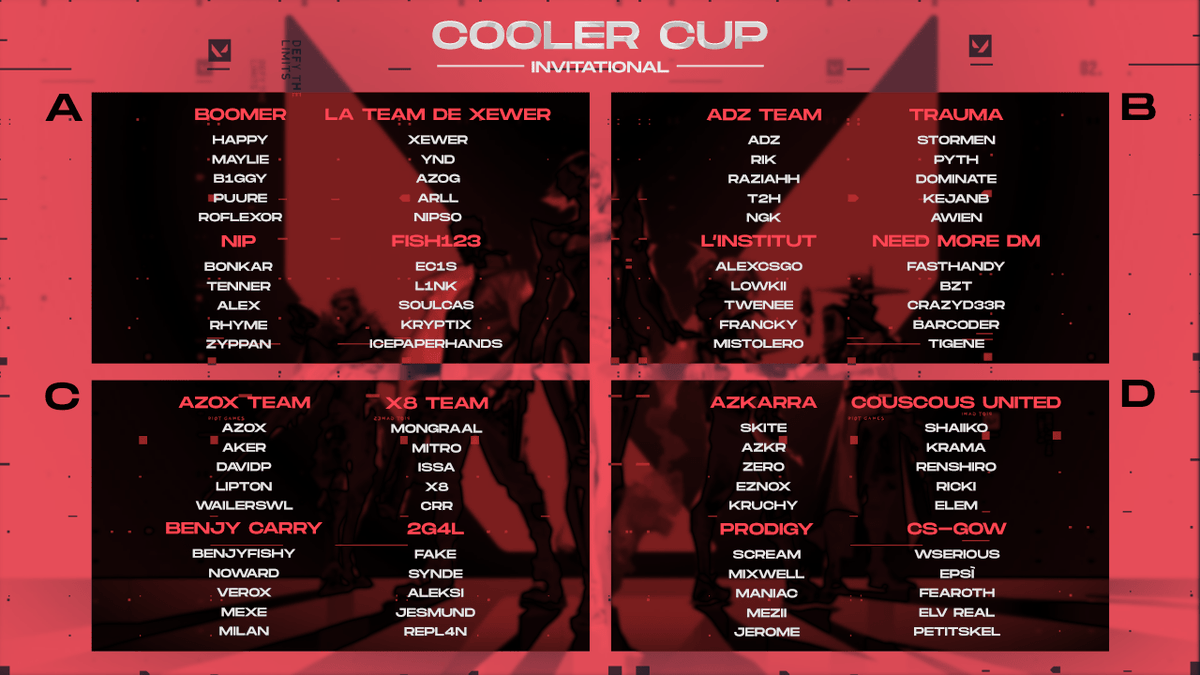 CoolerEsports's tweet photo. COOLER CUP INVITATIONAL LINEUP!

Introducing the 16 teams who are competing in today's $2,000 Valorant tournament.

4 groups of non-stop action with 2 teams from each group advancing into a knockout bracket!

📺 https://t.co/cikvjlQgGc

⏰ The show begins in 5 hours!

#CoolerCup https://t.co/Jj16pUYryP