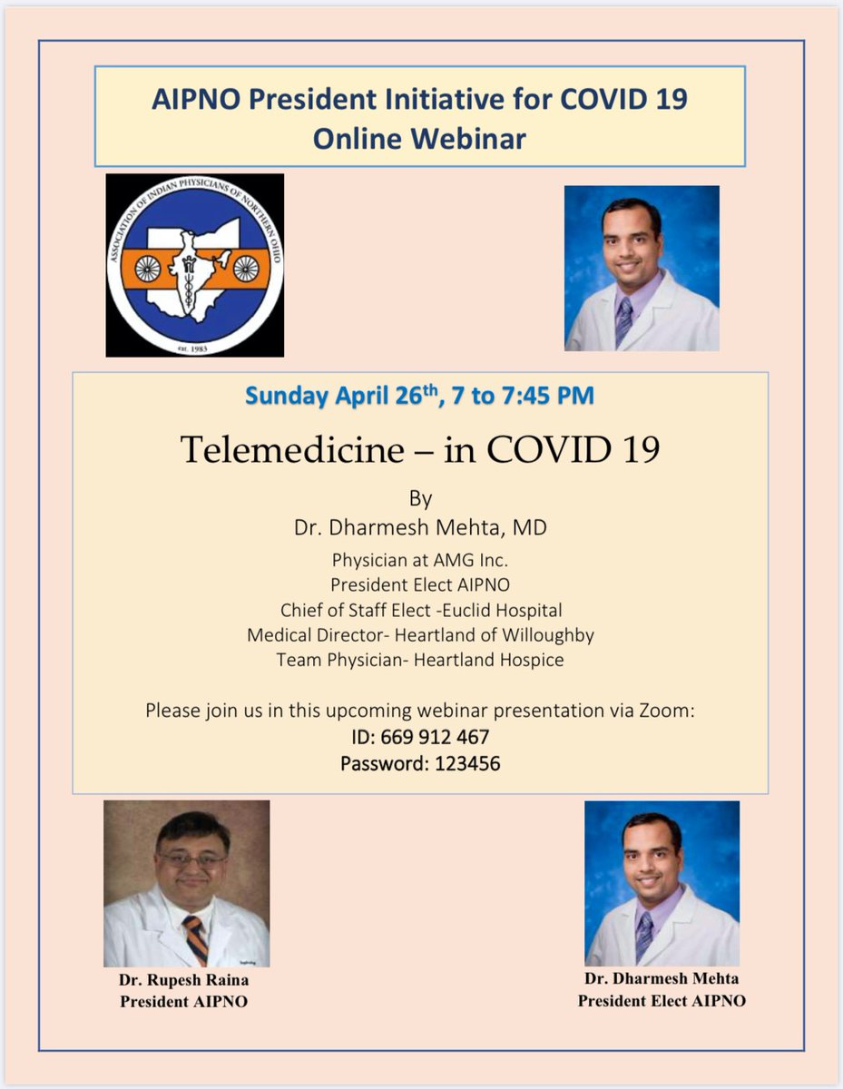 aipno_us's tweet photo. Join US for AIPNO webinar  - Sunday, April 26, 7PM.

Topic: Dr. Dharmesh Mehta- Telemedicine - during COVID 19 &amp; Dr. Reema Gulati -COVID 19 in Pediatrics : An evolving story

Join Zoom Meeting
https://t.co/cdVBsLBCjO

Meeting ID: 669 912 467
Password: 123456 https://t.co/hSZKEbA1vy