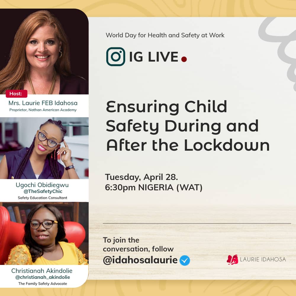 IdahosaLaurie's tweet photo. On Tuesday evening (April 28th) I will be hosting an important conversation on "Ensuring Child Safety During and After the Lockdown."

 My special guests are:
@akindolie2012 &amp; @TheSafetyChic 

It is a must for all parents and educators. We will discuss physical and online safety https://t.co/ZkOyeY8C2g