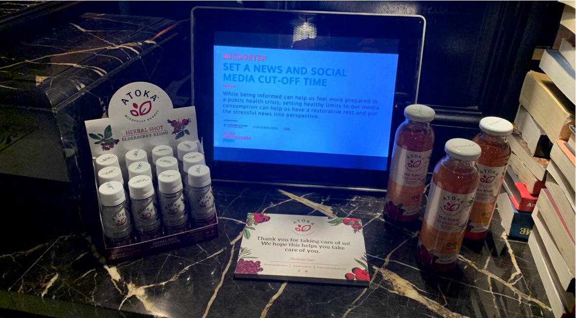 ariannahuff's tweet photo. Our heroes on the front lines of this crisis need support in many ways. In addition to providing free rooms at  #FirstRespondersFirst-funded @marriottintl hotels, @oceansprayinc is serving healthy Atoka beverages alongside @thrive's Microsteps for well-being &amp; mental resiliency. https://t.co/UOa1LlLVpv