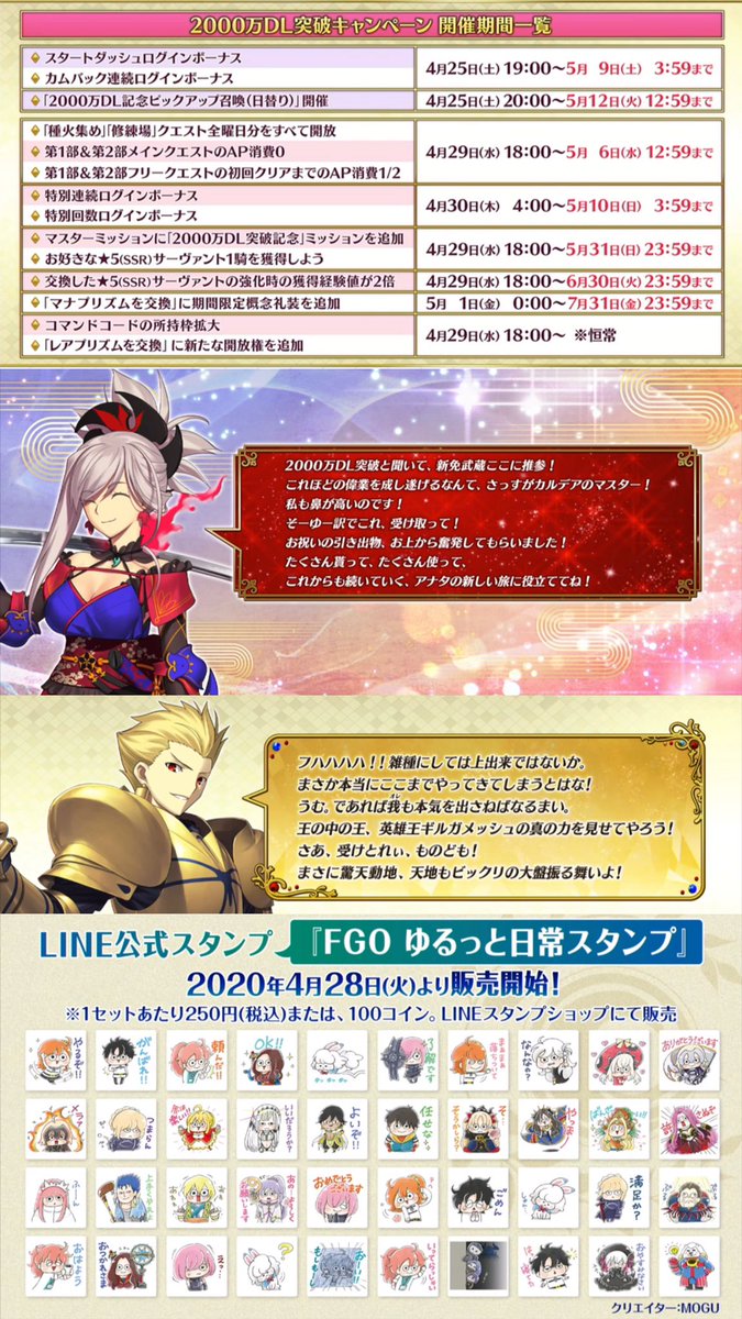 鳥 Fgo Fgo00万dl突破記念キャンペーンまとめ 5鯖1騎プレゼント の獲得経験値2倍 00万dl記念ガチャ 記念ミッション追加 各種ログボ マナプリ礼装追加 第1部 第2部メインクエap0 フリクエ初回クリアap1 2 曜日クエ全開放 コマンドコード所持枠 50