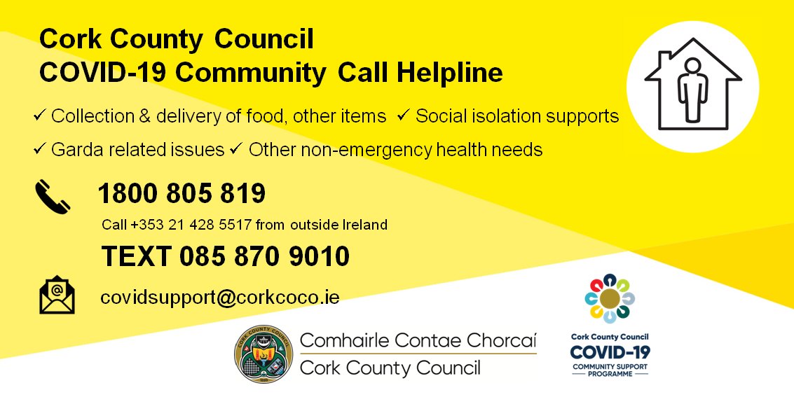 Need help with groceries, fuel, prescriptions or simply some advice or support? We are here to help, contact us everyday from 8am to 8pm.

☎️CALL FREE 1800 805 819 (+353 21 4285517 from outside Ireland)
📱 Text 085 8709010
🖥️Email covidsupport@corkcoco.ie 

#CommunityCall