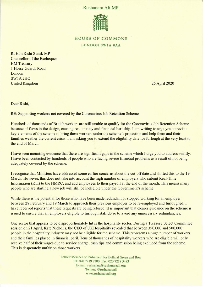rushanaraali's tweet photo. I've written to the Chancellor @RishiSunak urging him to protect the hundreds of thousands of workers in @UKHospital, tourism and other sectors failed by the Government's Job Retention Scheme scheme. 

Read my full statement here - https://t.co/np8t2WQcj7 https://t.co/UPh8MUZtFA