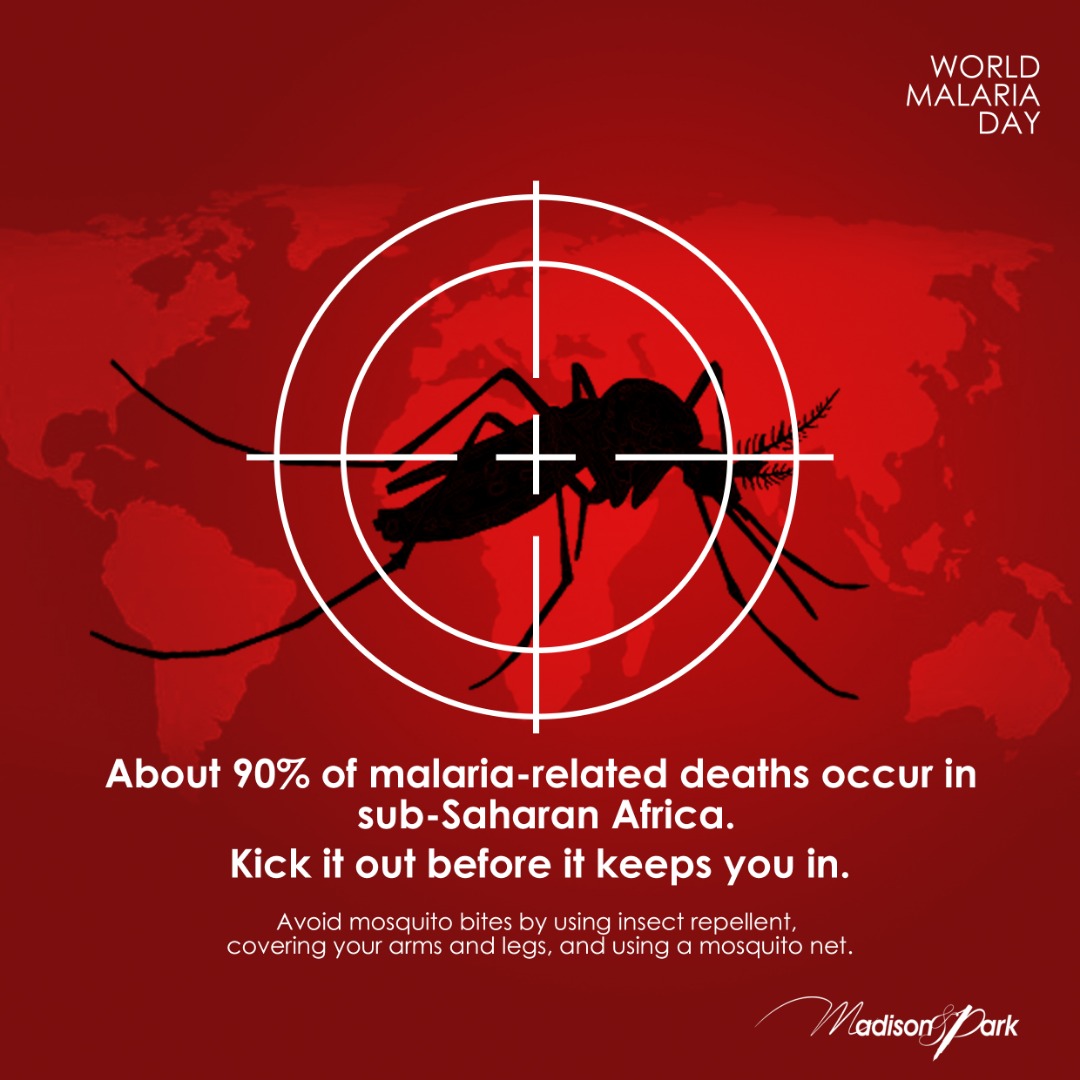 MadnPark's tweet photo. Malaria causes up to 600,000 deaths a year. 90%of these deaths are recorded in Sub-Saharan Africa.
Let's join hands to kick Malaria out by keeping our surroundings clean, using insect repellent and using mosquito nets.
#WorldMalariaDay #kickmalariaout #staysafe https://t.co/KRxuLYgJC9