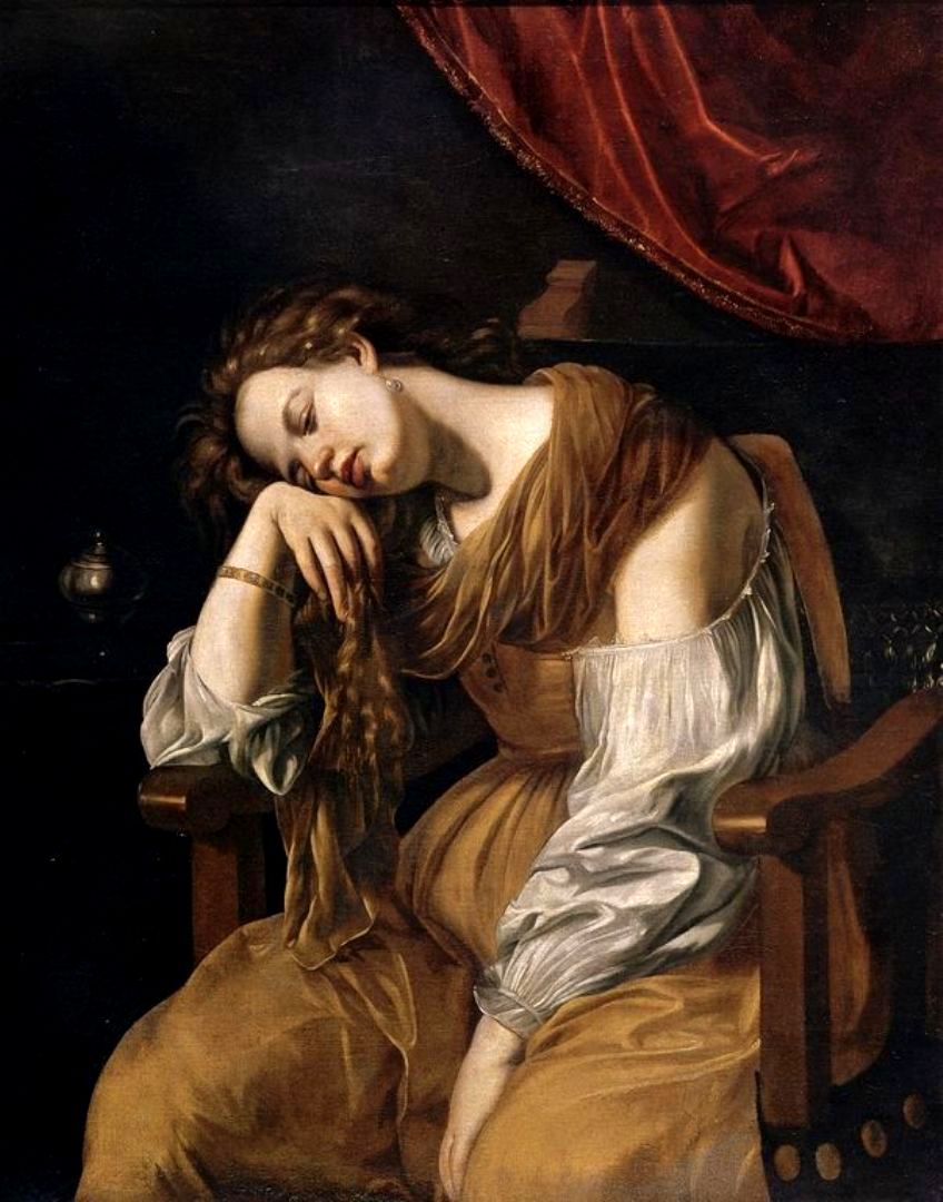 6/Penitent Magdalene, by Artemisia Gentileschi (1625). The story goes that for the last 30 years of her life Mary Magdalene lived alone in a cave in Provence with no food or water. She survived on the celestial music sent down to her at night by God. Hope she's got her earphones!