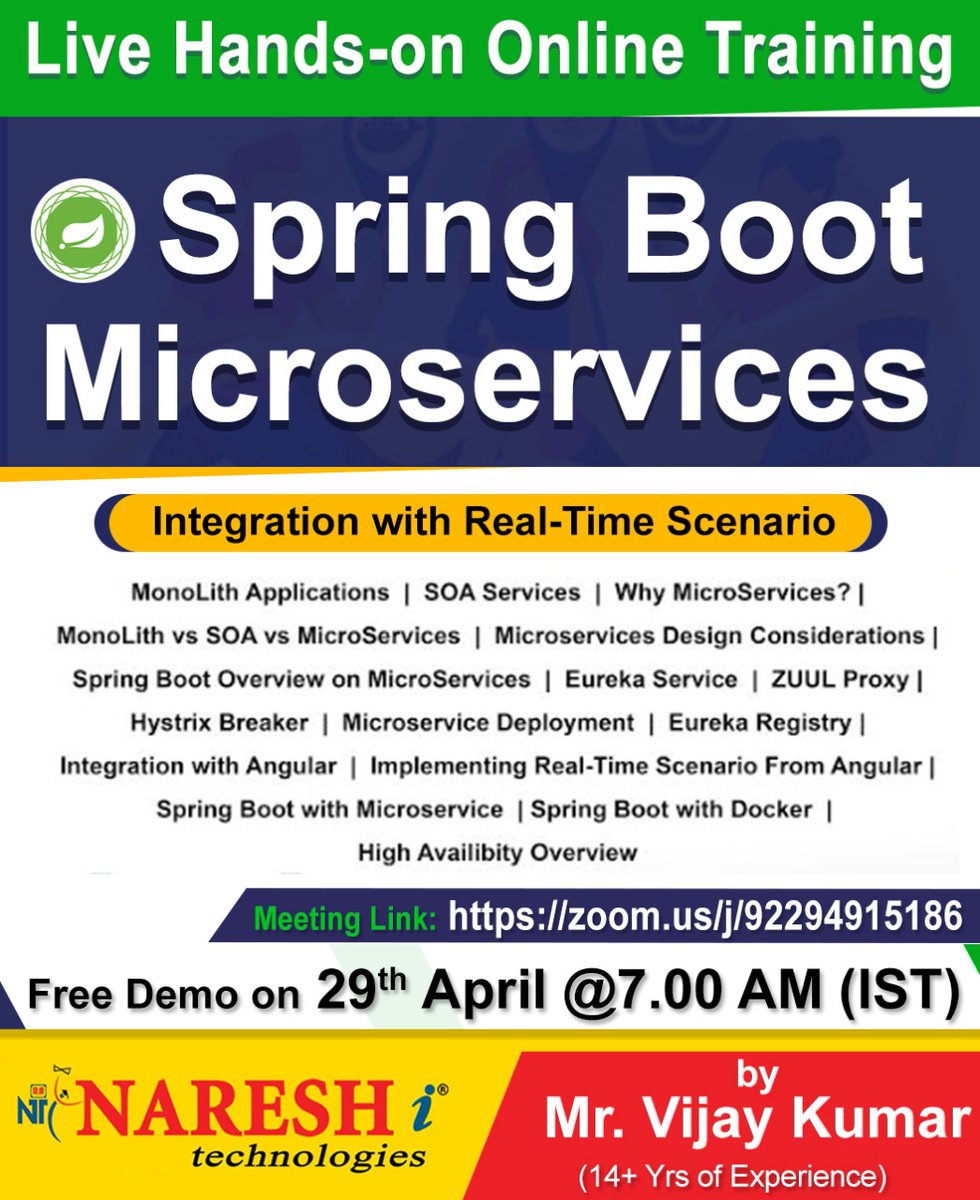 nareshitech's tweet image. Enroll Now: zcu.io/abnc
Attend Free Demo on SPRING Boot & Microservices Online Training by Mr. VijayKumar(14+ Years of Exp.)
Demo on: 29th April @ 7.00 AM
#springbootmicroservices #Online #Training #education #learning #software #students #sudy #nareshit
