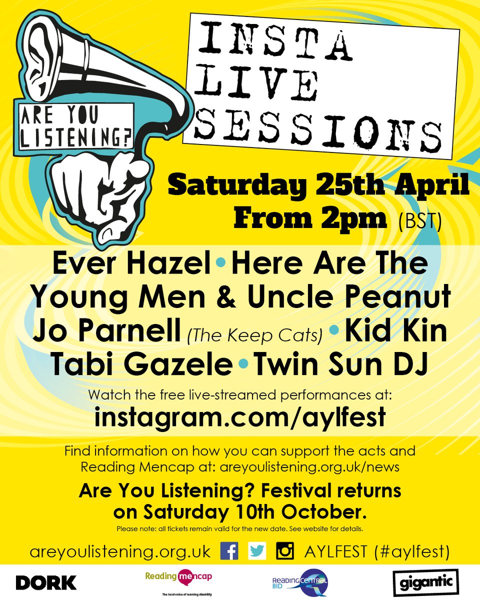 ⚡️ RECAP ON TODAY'S TIMES⚡️

<a href="/EverHazell/">Ever Hazel</a> 2 pm
<a href="/TabiGazele/">Tabi Gazele</a> 2:30 pm
(<a href="/Jasonrockcity/">Here Are The Young Men</a>) &amp; <a href="/UnclePeanutMC/">⚫️Uncle Peanut</a> 3 pm
*Please note: This was originally billed as 3:30pm*
Jo <a href="/thekeepcats/">The Keep Cats</a> 3:30 pm
<a href="/Kid_Kin/">Kid Kin</a> Kin4 pm
<a href="/twinsunmusic/">Twin Sun</a> DJ 4:30 pm - 5:30 pm

Watch on our Instagram page: <a href="/AYLFest/">Are You Listening? Festival</a> #Aylfest