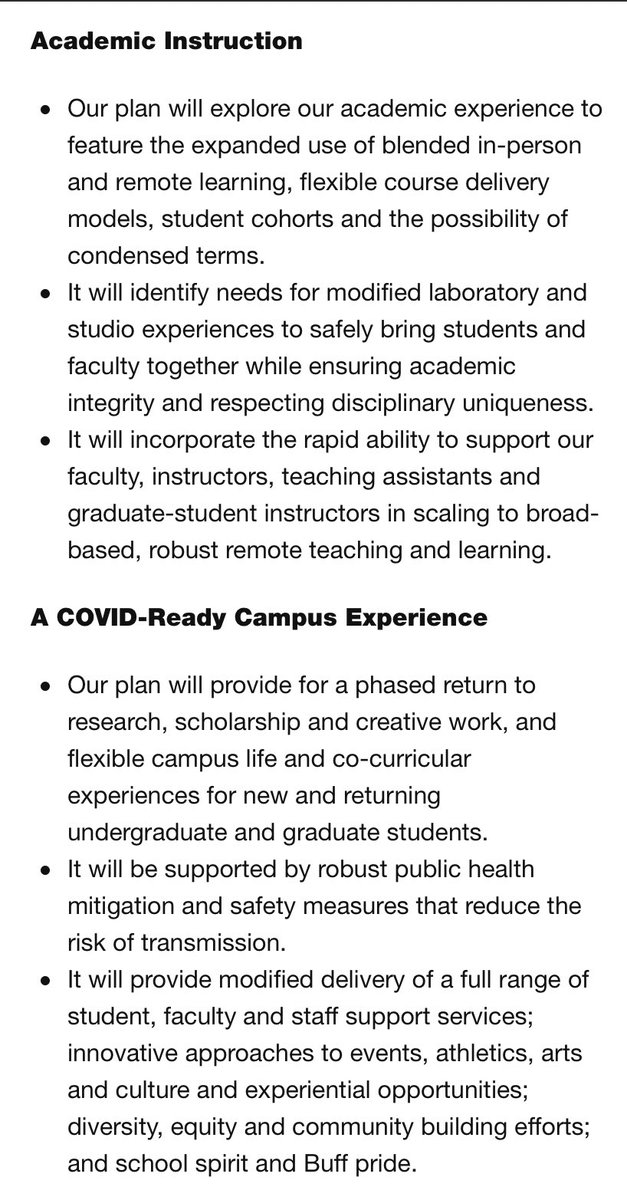 Some details on the University of Colorado’s fall plan:  https://www.colorado.edu/chancellor/newsletter/chancellor/covid-19-update-our-planning-process-fall-2020