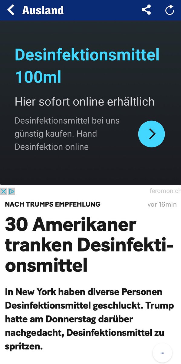 «30 Amerikaner tranken Desinfektionsmittel» und <a href="/20min/">20 Minuten</a> hat gleich die passende Werbung dazu...