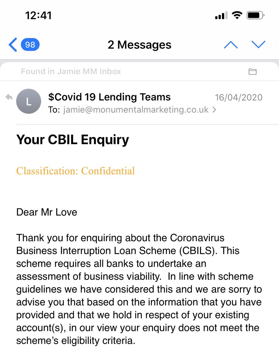 Interestingly as a 25 year old Scottish entrepreneur in London who has slaved away building a SELF FUNDED business turning over hundreds £Ks, powered by young minorities and always paying our taxes - we’re not eligible for a CBIL loan. So much for #InItTogether ....