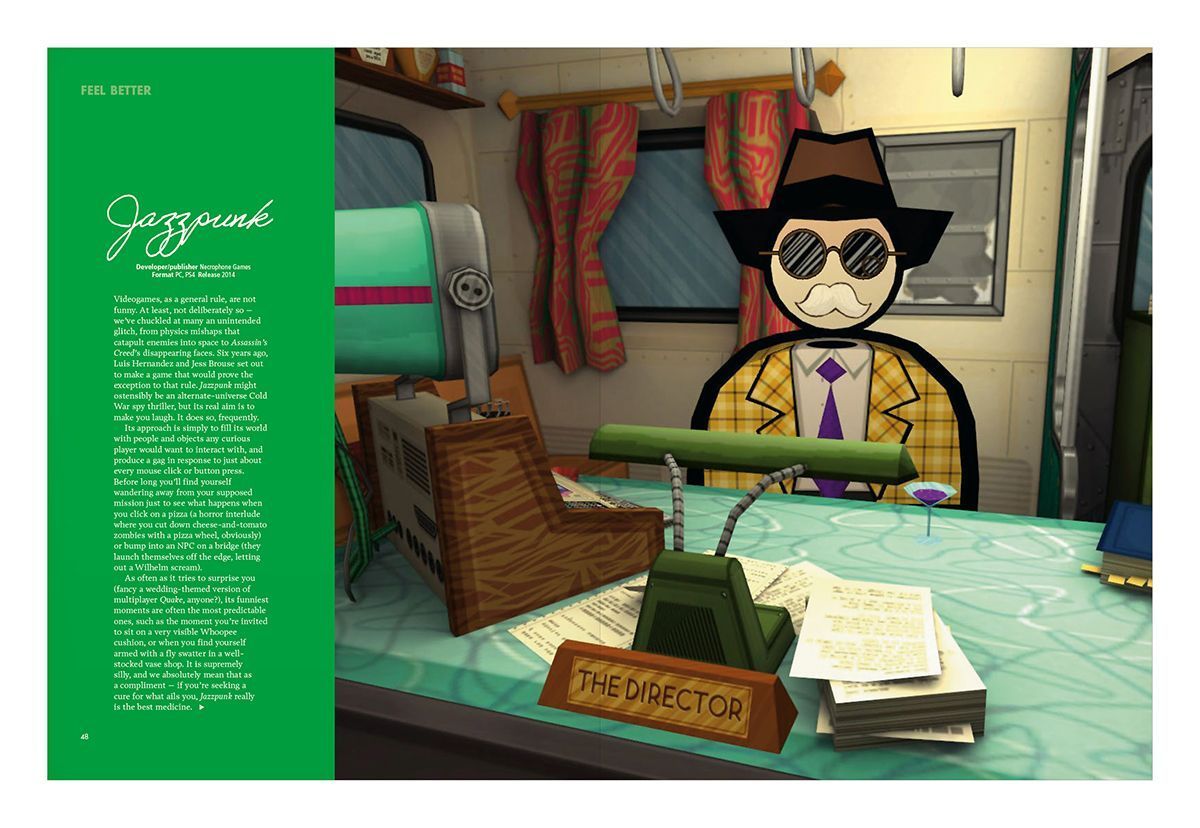 Who says videogames can’t be funny? @beetlenaut and @skeletonshark's Jazzpunk proves that laughter is the best medicine. E345 is on sale now – subscribe digitally to start reading instantly: bit.ly/edgedigi