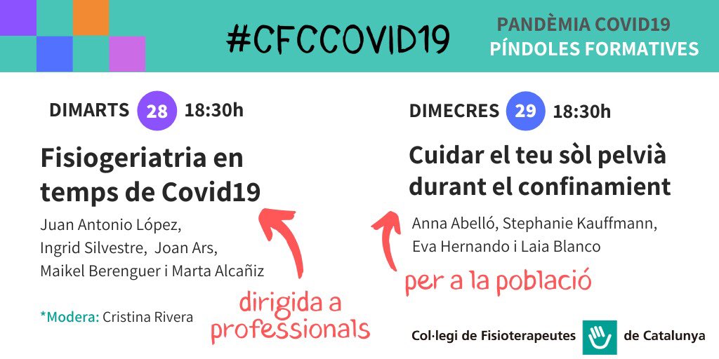 ColFiCat's tweet photo. Activitats online #gratuïtes previstes per la setmana vinent 🙌🏻

Les comissions de geriatria i de sól pelvià ens han preparat dues fantàstiques sessions 😃

#Fisioteràpia per tothom!!

https://t.co/VVPOf4v4Cn

#fisioteràpia #fisioterapeutes #fisioagenda #CFCCOVID19 https://t.co/efUR3NPYsb