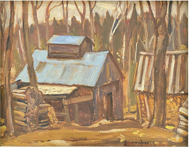 Canadian_art's tweet photo. “Sugar Shanty, L’Islet”, 1944, by A.Y. Jackson. Every year in March from 1921-1947 “Pere Raquette” painted in the small villages below Quebec City. He knew the customs of the locals, their card games, and their folk songs. $22,500. at https://t.co/H0WgdauDP9. #BeaverHallGroup https://t.co/xueyiFQBnv