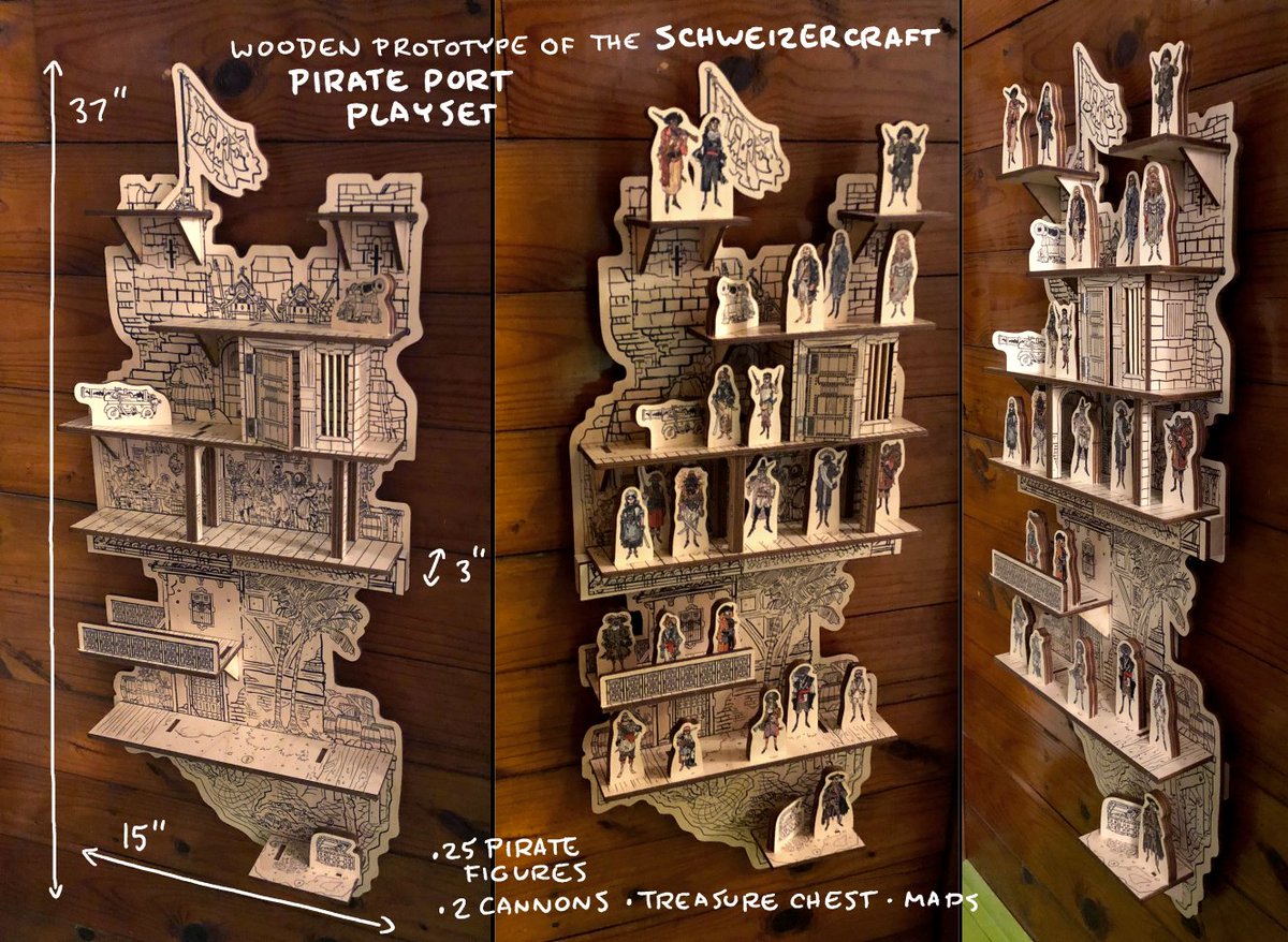 SchweizerCraft's tweet photo. Here's the wooden prototype for our first big wall-mounted playset: THE PIRATE PORT!
Now that we've made sure all the measurements line up, we'll get started on the final painted art!
#woodenToys #woodToys https://t.co/H4XhJeAFVc