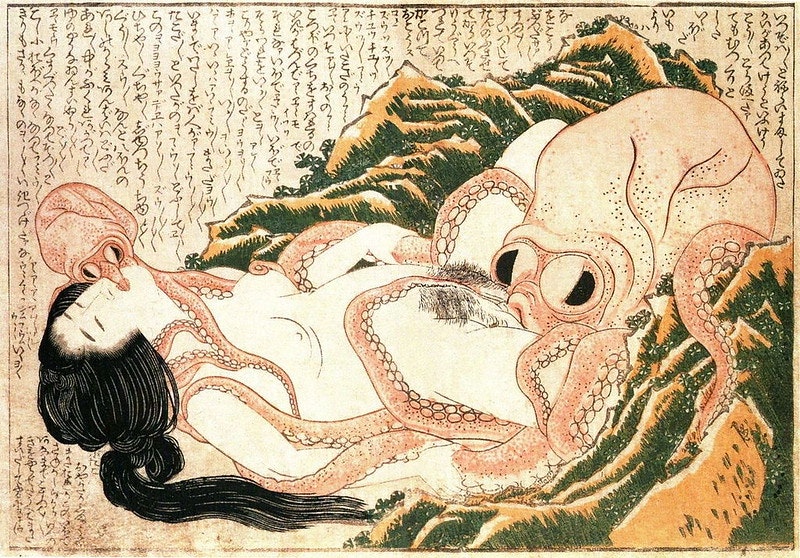 5/ The Dream of the Fisherman's Wife, by Hokusai ( 1814). The great Japanese print maker, Hokusai, had a sideline in Shunga - Japanese eroticism. The text tells the story of a woman diver who dreams of being pleasured by an octopus. The noises we hear are: zubu, zubu; fu fu.