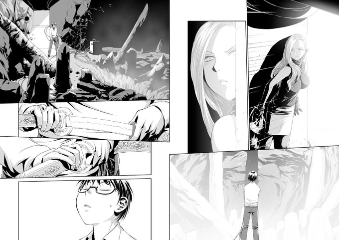 愚作「鞘-SAYA-」から、台詞フキダシ擬音無し絵、その,4
最初と最後のページ以外は見開き2ページ分で作業しています
この漫画も「最近この世界は私だけのモノになりました……」や「My doll house」「swing style」などは完全ペーパーレスで作業しているので手描きの原画は無いのです 