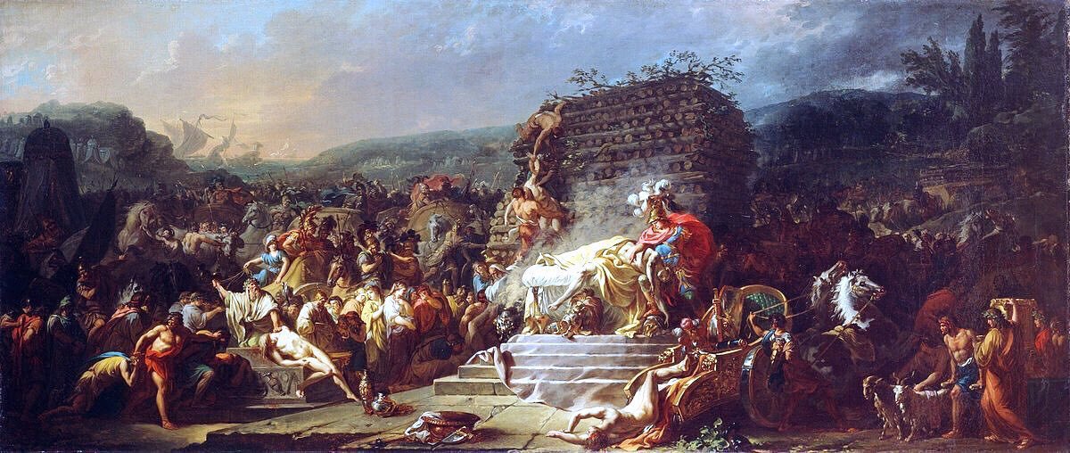 Jacques-Louis David (1748-1825) painted this, The Funeral of Patroclus, in 1778. It is his first neoclassical work & he would go on to be the master of the neoclassical movement. It was painted in Rome. Now recognised as seminal in his oeuvre, it was once a table top!