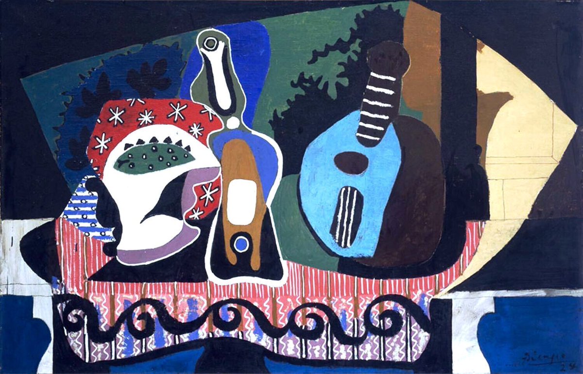 Picasso’s (1924) Still Life with a Mandolin. This is from his second period of Cubism; when he took the colour palette of Matisse & introduced it to his work. The painting is a large canvas & sings with colour. It is a masterpiece of observation & perception