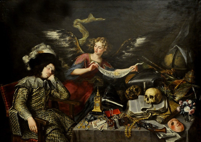 3/ The Knight's Dream, by Antonio de Pereda ( c.1650). This scary picture hangs in the chapel of the Academy of San Fernando in Madrid. While the knight sleeps, an angel fills his table with symbols of life's brevity. Skulls, flowers, money, music - here today, gone tomorrow.