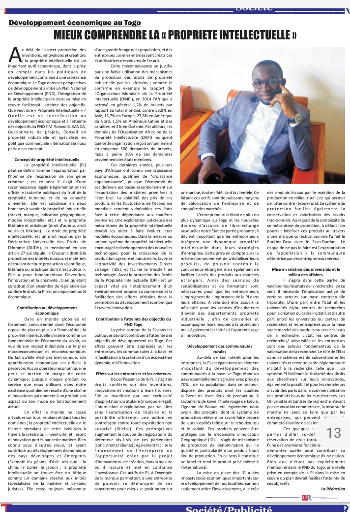 Propriété intellectuelle et développement économique du Togo.
Une prise en compte de la propriété intellectuelle dans la mise en oeuvre du @TogoPnd pourrait faciliter l'atteinte des objectifs.
<a href="/kondo_lazarre/">Lazarre KONDO</a> <a href="/autrejournal/">L'autreJournal Afrique</a> @TogoPnd
