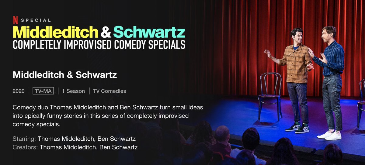 If you haven't watched 🎞️ Middleditch &amp; Schwartz on Netflix yet, You. Are. Missing. Out.

We laughed so hard last night my cheeks hurt this morning. Watch it tonight, thank me later.

The creative genius it takes to do long-form improv. 🙏🙌

netflix.com/title/81122572