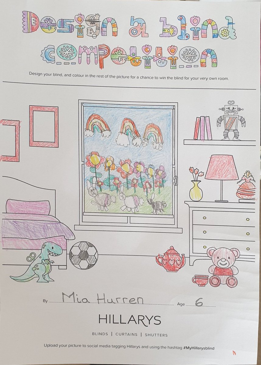 Sarah93258065's tweet photo. @hillarysblinds #myhillarysblind My 6year old daughter's Entry. Her own design of rainbows, flowers and bunny's. https://t.co/rWBrdJMQq0