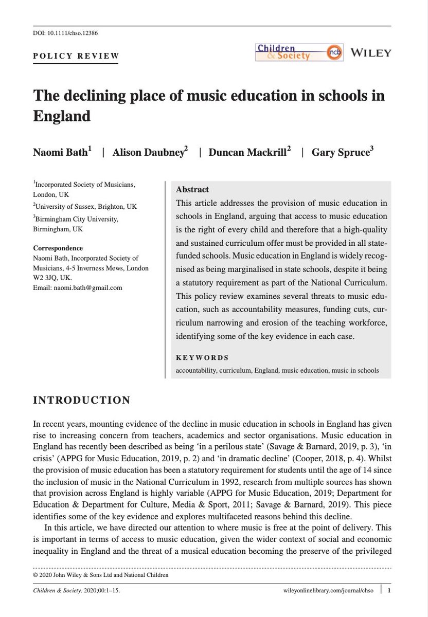 Music education in England is being marginalised in state schools, despite it being a statutory requirement as part of the National Curriculum by <a href="/naomi_bath/">Dr Naomi Bath</a> 

This new research is a damming indictment of [curriculum choice] government policy in our state schools <a href="/NickGibbUK/">Nick Gibb</a>