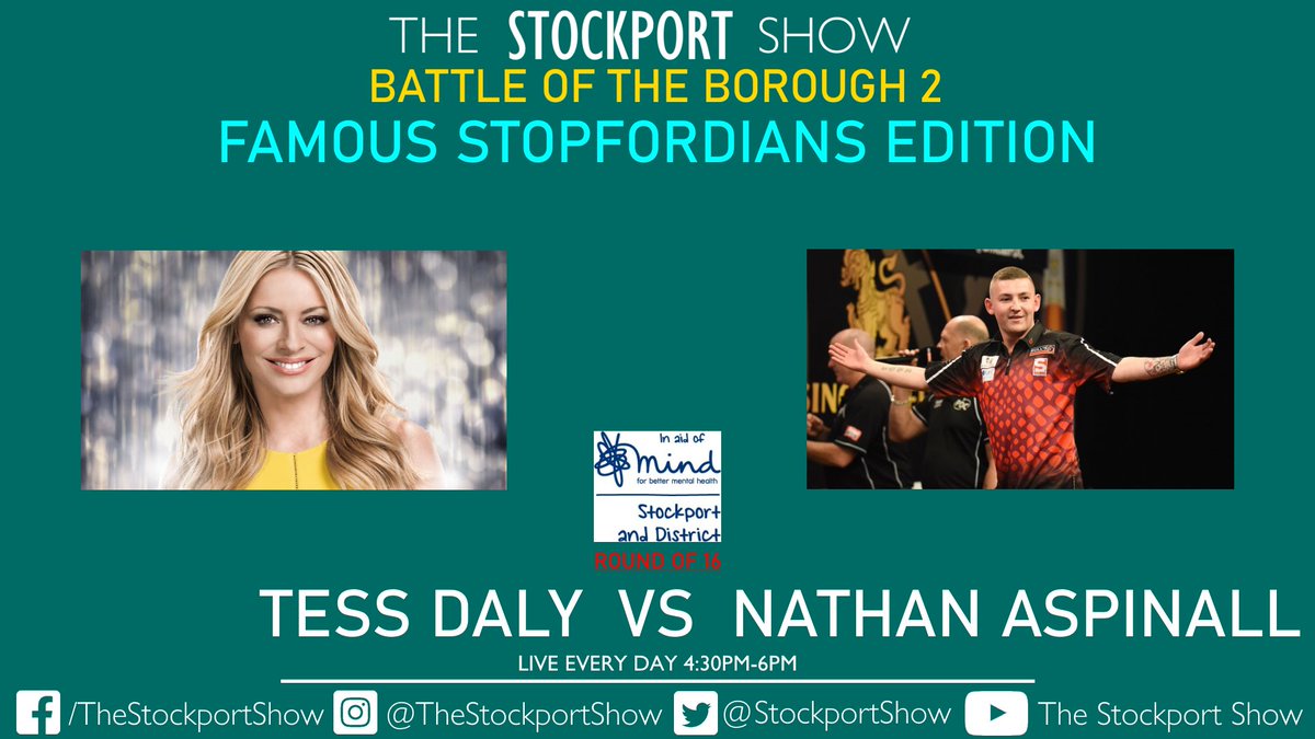 ✅VOTING NOW OPEN✅

🏆The Battle of #Stockport Borough 2🏆
🎩Famous Stopfordians Edition🎩
Round of 16 - Match 4

<a href="/TessDaly/">Tess Daly</a> vs <a href="/NathanAspi/">Nathan Aspinall</a> 

VOTE
Twitter - x.com/StockportShow/…
Facebook - facebook.com/TheStockportSh…

In aid of <a href="/stockportmind/">Stockport Mind</a> - DONATE HERE
justgiving.com/fundraising/ba…