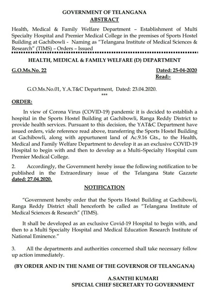 INI24x7's tweet photo. #COVID19 Hospital in Hyderabad:
Sports Hostel Building at Gachibowli,Hyderabad, shall henceforth called as TIMS (TELANGANA INSTITUTE OF MEDICAL SCIENCE&amp;RESEARCH).It shall be developed as an exclusive covid-19 hospital to began with, and then to a multi speciality hospital https://t.co/h0prkJBQNq