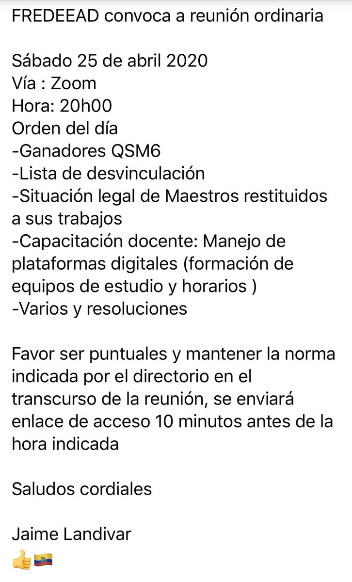 fredeead_org's tweet photo. Convocatoria a reunión ordinaria  25.04.2020 @Educacion_Ec @Lenin @ottosonnenh @GoberdelGuayas @EducacionAN @JimmyCandell @monserratcream1 @JrLandivard https://t.co/VIIBmAwchp