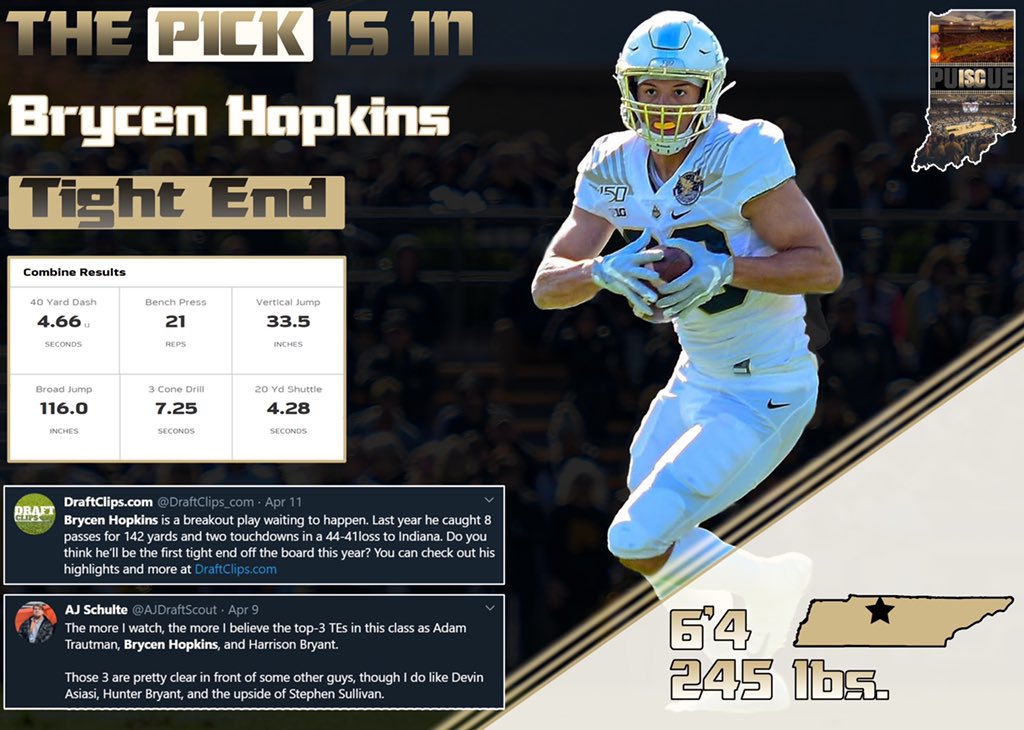 ISC_PU's tweet photo. Purdue TE Brycen Hopkins has been selected with the 136th pick by the Los Angeles Rams! https://t.co/ti0dRemlx7