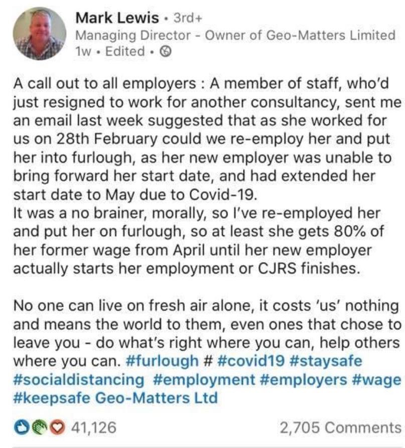 <a href="/Geo_Matters_Ltd/">Geo-Matters Ltd</a> huge amount of respect for you!! Compassion costs nothing! All government bodies tell us to go back to our old employers but sadly not all have the same compassion as you do. #humanity