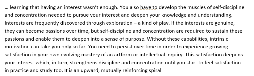 Hockeydadjk's tweet photo. "… learning that having an interest wasn’t enough. You also have to develop the muscles of #selfdiscipline and #concentration needed to pursue your interest & deepen your knowledge & understanding..." from @DrTonyWagner #LearningByHeart #DeepThinking #modernlearner https://t.co/CEbhic6sAe
