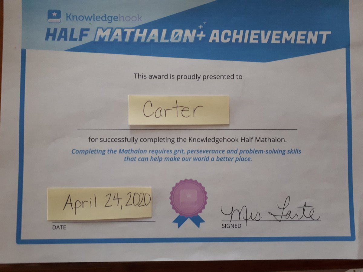 MrsTartesClass2's tweet image. Congratulations Carter in 3T achieving a half mathalon on @knowledgehook this past week! We&apos;re so proud of you! #homelearning2020 #principled #perseverance